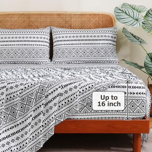 CozySmile Boho Printed Sheet Set Queen Size 4 Piece,Soft & Breathable Bedding Deep Pocket 16" Cooling Wrinkle Free Comforter Bed Set Western Sheets Geometric(Queen, Black White Geometric) - color: B-black White Geometric, size: Queen