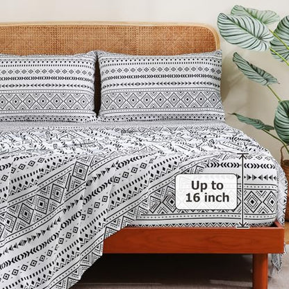 CozySmile King Size Sheet Set 4 Piece,Soft & Breathable Bedding Deep Pocket 16" Cooling Wrinkle Free Comforter Bed Set Western Sheets Geometric(King, Black White Geometric) - color: B-black White Geometric, size: King