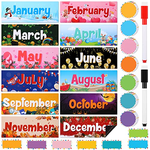 Geyee 52 Pcs Magnetic Holiday Monthly Headliners Include 12 Months of the Year Headers Seasonal Bulletin Board Border 31 Writable Round Confetti Accents 7 Rectangle Label(Cute) - style: Cute