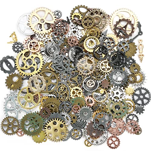 BigOtters 150PC Steampunk Gear Charms, 5 Colors Mixed Metal Cog Pendants