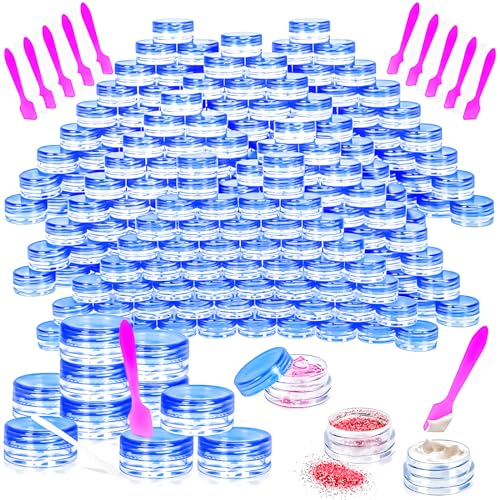 100 Pcs 3g Empty Plastic Containers with Lids,Tiny Makeup Sample Containers, Small Pot Jars Blue Round Cosmetic Jars with 20 Pcs Mini Spatulas for Liquid Sample Powder Creams (Blue Lid) - color: Blue, size: 100PCS