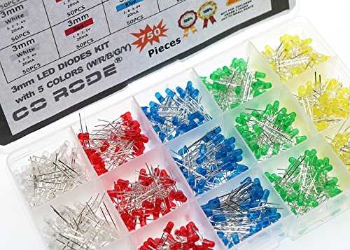 CO-RODE 750pcs 3mm LED Light Emitting Diodes, Led Assortment Kit, DIY Decorate Lights (White Red Yellow Blue Green LEDs)
