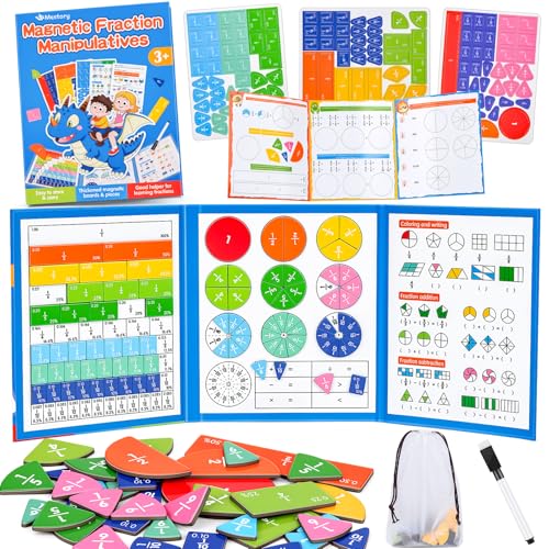 Meetory Magnetic Fraction Playbook - Magnetic Fraction Demonstration Book, Montessori Math Manipulatives Kit, Homeschool Classroom Fraction Puzzles and Games - color: Three-fold Pterosaur + Cards