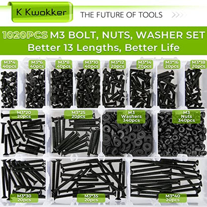 1023Pcs M3 Screw Assortment 13 Lengths 4mm to 40mm, Hex Socket Flat Head 10.9 Alloy Steel Nuts and Bolts Assortment Kit, Metric Machine Screws and Nuts, Washers, Black - size: C. M3