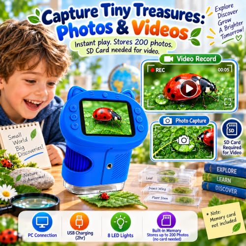 Kids Microscope, 4K 1000X Zoom, 2.4" Screen, STEM Toy for 4-8, Blue - color: Blue