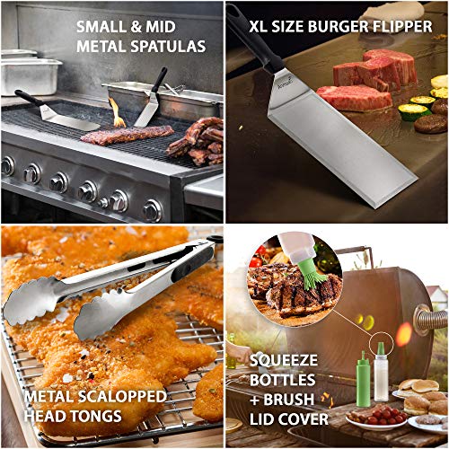 Metal Spatula Set of 6 - Griddle Accessories kit - Grill Flat Spatula Pancake Flipper Hamburger Turner - Metal Utensil Great for BBQ Grill Flat Top Cast Iron Griddle - Commercial Grade - color: Plastic handle set + tongs and bottles