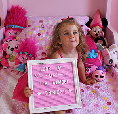 Pink Felt Letter Board Baby Announcement Sign with Rustic Wood White Frame - Rustic Farmhouse Letter Board Sign with Stand - 10x10 Felt Board Changeable Message Board with 350 Letter Set - color: Pink, size: 10x10 inches