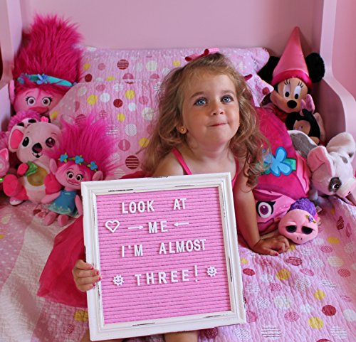 Pink Felt Letter Board Baby Announcement Sign with Rustic Wood White Frame - Rustic Farmhouse Letter Board Sign with Stand - 10x10 Felt Board Changeable Message Board with 350 Letter Set - color: Pink, size: 10x10 inches