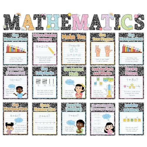 25Pcs Mathematics Strategy Posters Composition Notebook Classroom Decor Educational Math Posters Math Manipulatives Wall Art for Back to School Classroom Bulletin Board Decorations Teacher Supplies - color: Black White