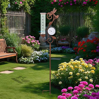 36.5in Dragonfly Rain Gauge Thermometer Bronze Metal Garden Stake Decor - color: Bronze Dragonfly