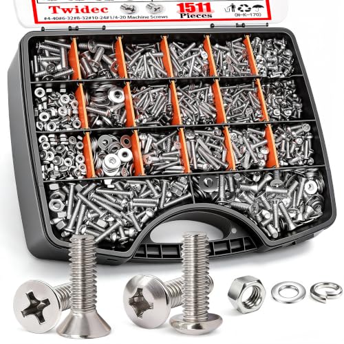 Twidec/1511PCS Nuts and Bolts Assortment Kit,Machine Screws,304 Stainless Steel Phillips Pan Head and Flat Head Screws #4-40#6-32#8-32#10-24#1/4-20 with Nuts, Bolts,Washers in the Storage Case - color: Silver SS 1511PCS #4 #6 #8 #10 #1/4-20