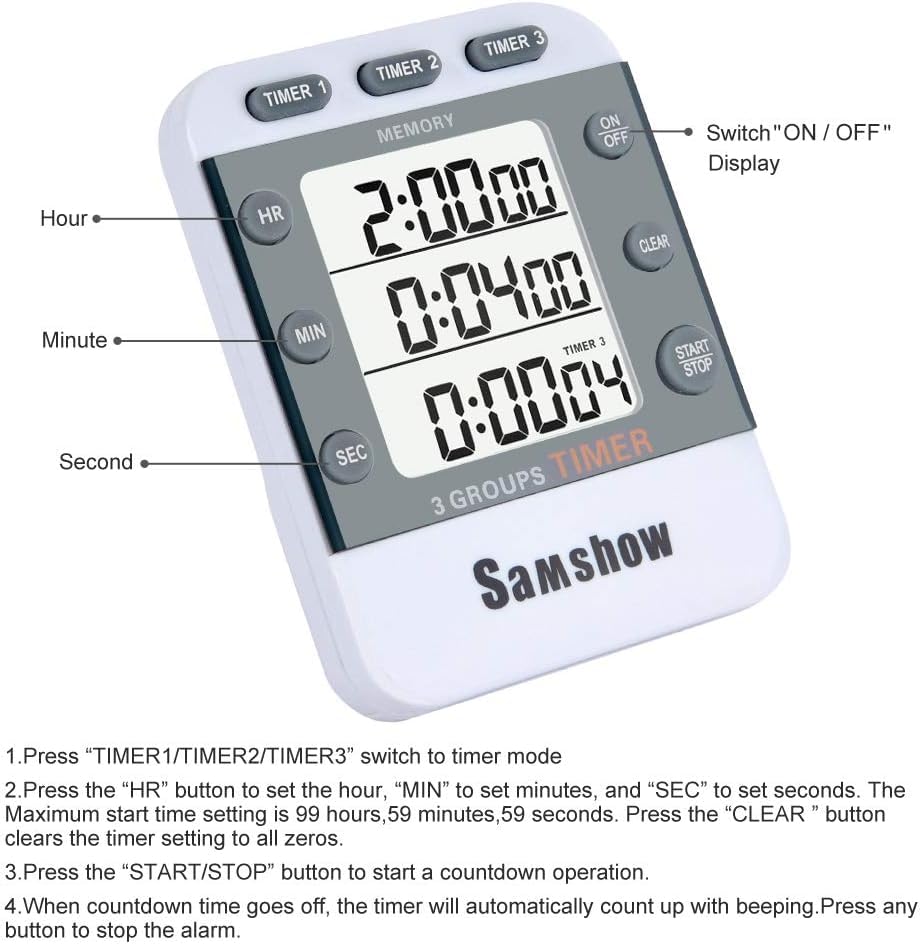 Samshow Digital Kitchen Timer, 3 Channels - color: 382 White