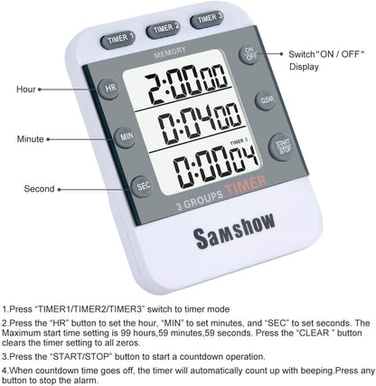 Samshow Digital Kitchen Timer, 3 Channels - color: 382 White