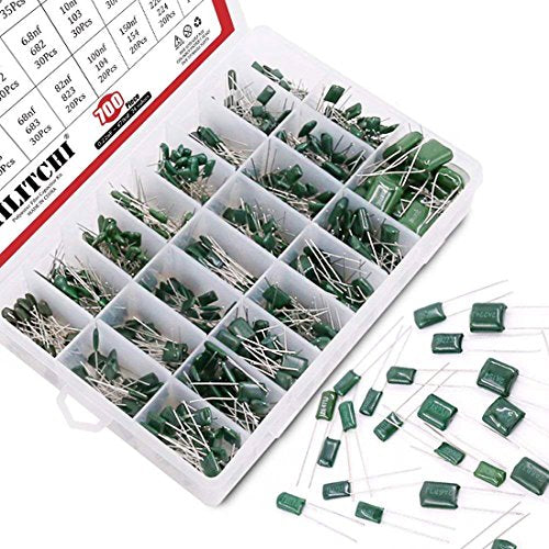 Hilitchi 700Pcs 24-Value Mylar Polyester Film Capacitor Assortment Kit - 0.22NF to 470NF / 100V - color: Green-Mylar Capacitors