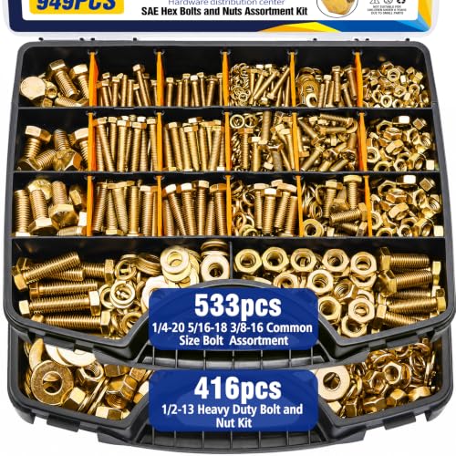 949Pcs Grade 8 Bolts and Nuts Assortment Kit, 1/4-20, 5/16-18, 3/8-16, 1/2-13 Hex SAE Assorted Bolts Nuts and Washers Kit, Hardware Nuts Sets with Case - color: GOLD-949PCS 1/4-20,5/16-18,3/8-16,1/2-13