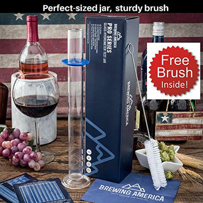 Brewing America Glass Hydrometer Test Tube Jar & Cylinder Brush - Narrow Flask for Alcohol by Volume Test - Moonshine, Homebrew Beer, Home Wine Making Kits, Borosilicate Glass 3.3