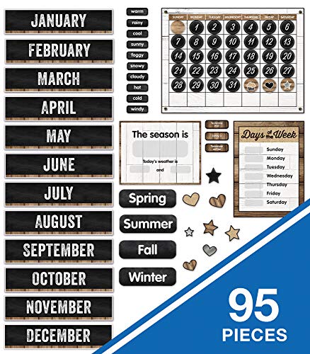Schoolgirl Style Industrial Chic 95-Piece Calendar Bulletin Board Set, Farmhouse Monthly Calendar with Numbers, Birthdays and More, Rustic Farmhouse Calendar Bulletin Board Set for Classroom - size: 25.9" x 17.9"