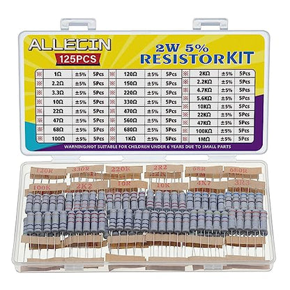 25 Values 2W Carbon Film Resistor Kit from 1 Ohm to 1M Ohm 2 Watt 5% Resistors Assortment - size: 2W