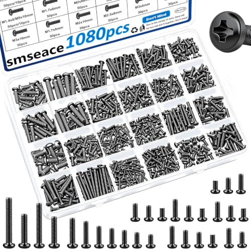 smseace 1080Pcs Tiny Micro Repair Screw Kit 28-Sizes M1.4/M1.7/M2/M2.5/M3/M4/M5 Nuts and Bolts Assortment Kit for Machinery, Furniture, Automotive, Motorcycle Repairs Metric Screw Assorted - color: Black, size: 1080Pcs M1.4-M5