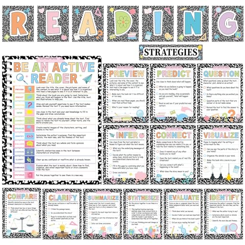 21pcs Reading Strategies Posters Reading Bulletin Board Decoration Read Corner Posters Composition Notebook Classroom Decor for Elementary Middle High School Library Wall Decor Teacher Supplies - color: Composition