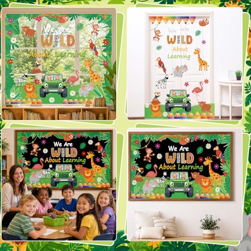 We are Wild About Learning Bulletin Board Set Jungle Animals Truck Classroom Decoration Safari Animal Forest Adventure Paper Cutouts for Teacher Back to School Chalkboard Wall Preschool Supplies - style: Safari Animal