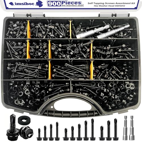 900PCS #8#10#12 Self Tapping Screws for Metal, 410 Stainless Steel Hex Washer Head Self Drilling Sheet Metal Screws Assortment Kit with Rubber Washers - color: Black