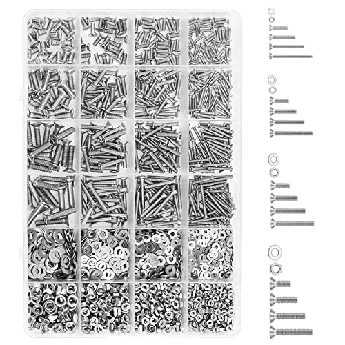 HELIFOUNER 1280 Pieces M2 M2.5 M3 M4 304 Stainless Steel Phillips Countersunk Head Machine Screws, Metric Screws Bolts Washers Nuts Kit, 304 Stainless Steel - size: M2/M2.5/M3/M4, style: Phillips Countersunk Head
