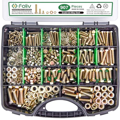 FOLIV 907pcs Grade 8.8 Metric Bolt Assortment, M4 M5 M6 M8 Heavy Duty Bolts and Nuts Kit, Yellow Zinc Plated, Length from 12-30mm - size: 907PCS M4 M5 M6 M8