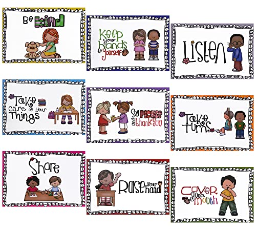 Alpurple 9 Pcs A4 Classroom Rules Posters, Preschool Class Rules Poster, Classroom Rule Behavior Educational Posters, Good Habits Manners Chart for Preschool and Primary school Supplies - color: multicolor - 9 pcs
