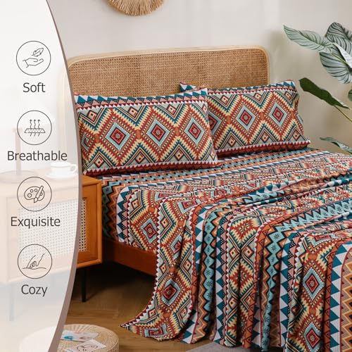 CozySmile 4 Pieces Queen Sheet Set Bohemian, Boho Sheets Soft Microfiber Deep Pocket, Western Sheets Geometric(Queen, Rust Turquoise Diamond) - color: B-rust Turquoise Diamond, size: Queen