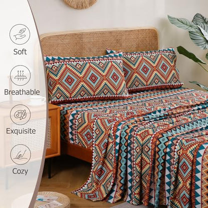 CozySmile 4 Pieces Queen Sheet Set Bohemian, Boho Sheets Soft Microfiber Deep Pocket, Western Sheets Geometric(Queen, Rust Turquoise Diamond) - color: B-rust Turquoise Diamond, size: Queen