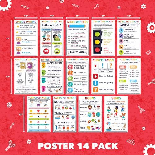 Sproutbrite 14 Pack 11” x 17” 1st Grade Educational Writing Posters - color: Grammar Posters