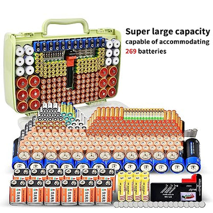 Battery Organizer Storage Case with Tester for 269 Batteries, Double Sides - color: Green