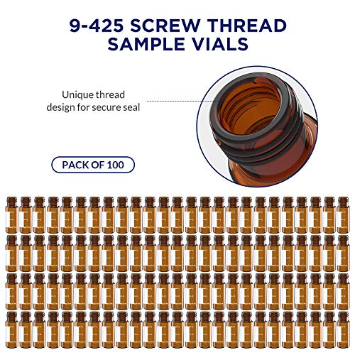 2mL Autosampler Vials, 9-425 HPLC/GC Amber Vials with Screw Cap, 100 Pcs - color: Amber Vial & Red PTFE Septa