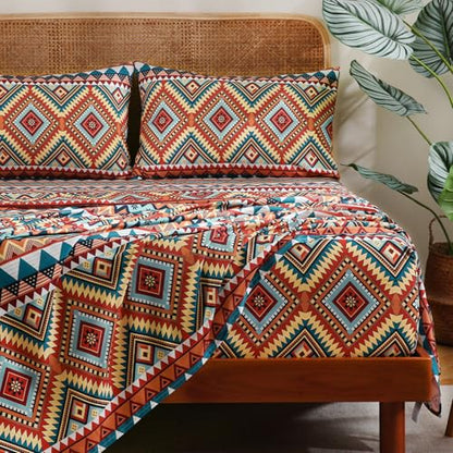CozySmile 4 Pieces Queen Sheet Set Bohemian, Boho Sheets Soft Microfiber Deep Pocket, Western Sheets Geometric(Queen, Rust Turquoise Diamond) - color: B-rust Turquoise Diamond, size: Queen