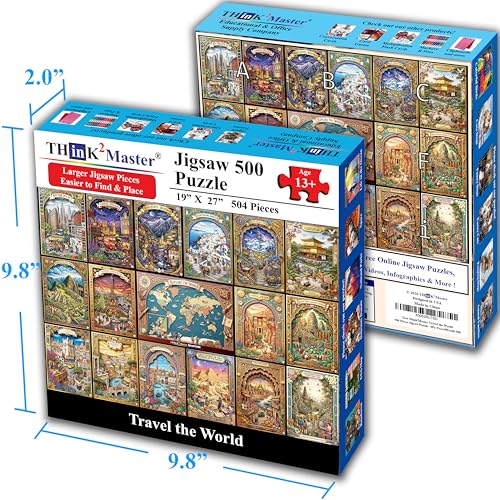 Think2Master Travel the World 500 pieces Large Format Jigsaw Puzzle: 13+, teens, adults & families. Embark on a global adventure with this stunning travel-themed puzzle Great gift. Size: 26.8” X 18.9” - style: Travel the World