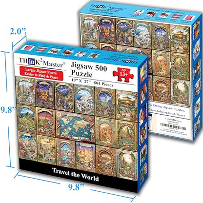 Think2Master Travel the World 500 pieces Large Format Jigsaw Puzzle: 13+, teens, adults & families. Embark on a global adventure with this stunning travel-themed puzzle Great gift. Size: 26.8” X 18.9” - style: Travel the World