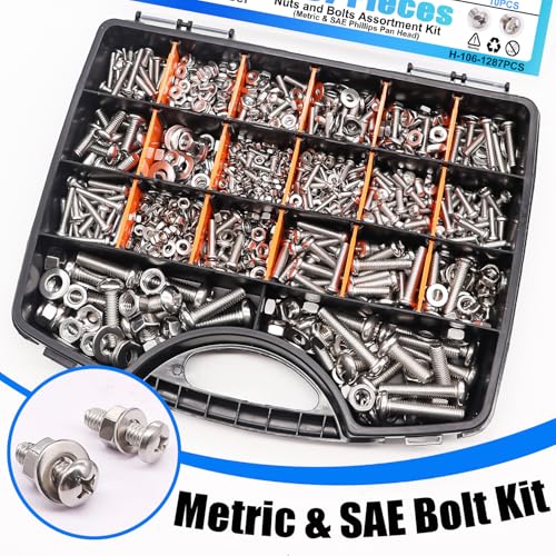 1287Pcs Nuts and Bolts Assortment Kit, 304 Stainless Steel Bolts Machine Screws Hardware Assortment Kit, Metric & SAE Phillips Pan Head Screws, Assorted Bolts, Nuts and Washers Kit - size: SS SAE & Metric Kit