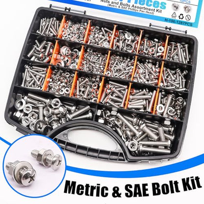 1287Pcs Nuts and Bolts Assortment Kit, 304 Stainless Steel Bolts Machine Screws Hardware Assortment Kit, Metric & SAE Phillips Pan Head Screws, Assorted Bolts, Nuts and Washers Kit - size: SS SAE & Metric Kit