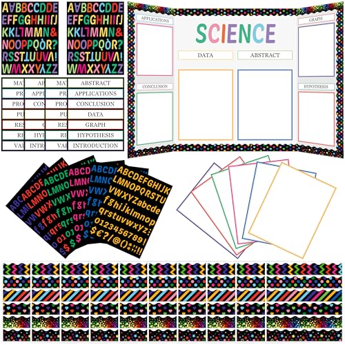 WATINC Science Fair Board Supplies, 96Pcs Self Adhesive Science Fair Project Set with 8 Letter Sticker 10 Presentation Subtitles, Bulletin Border Poster Decor for Classroom (Black) - color: Black