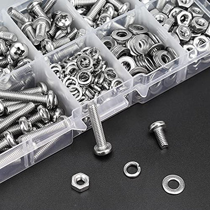 HELIFOUNER 360 Pieces M4 x 6mm /8mm /10mm /12mm /16mm /20mm, Phillips Pan Head Machine Screws, Metric Screws Bolts Washers Nuts Kit, 304 Stainless Steel - size: M4