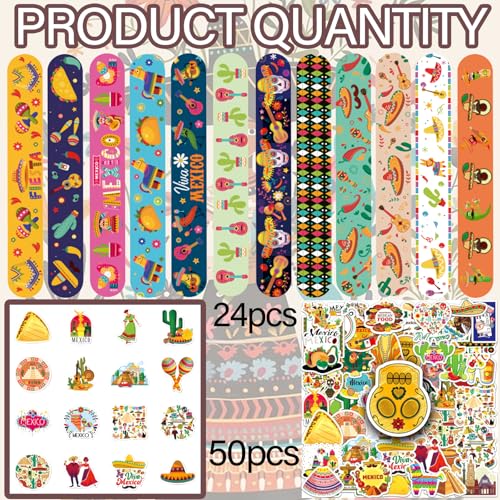CZWXOXO 74PCS Fiesta Party Favors, Mexican Slap Bracelets & Stickers - style: Cinco De Mayo Fiesta