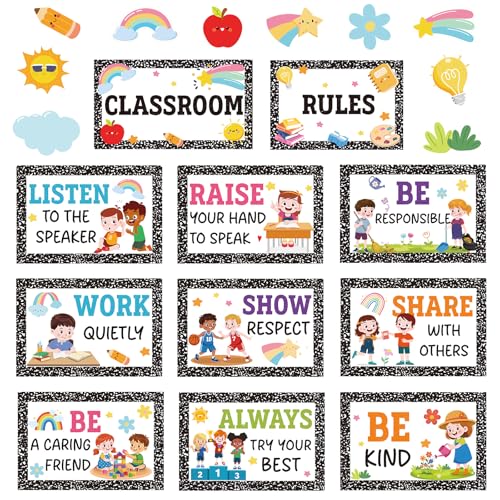 Classroom Rules Posters Back to School Bulletin Board Decor Composition Notebook Classroom Decoration Motivational Educational Good Habits Behavior Chart for Preschool kindergarten Elementary Students