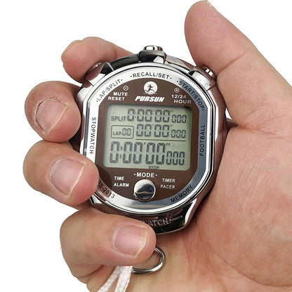 Stopwatch Timer, Metal Stop Watch 100 Lap Memory Digital Stopwatch, Water Resistant Stopwatch for Sports, Competitions (Silver)