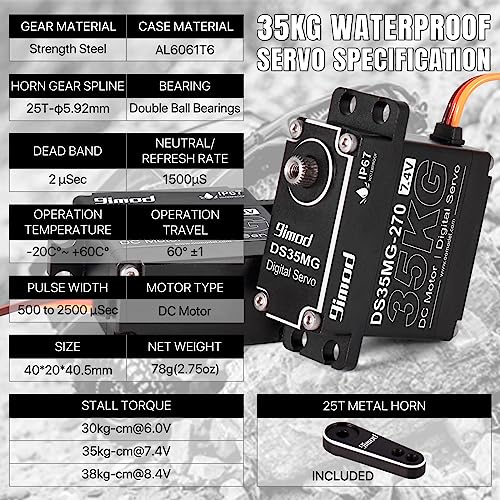 35KG Waterproof High Torque Servo 7.4V Coreless RC Steering Servo Motors Metal Gear Digital Servo for 1/8 1/10 1/12 RC Car, R/C Model DIY Car Robot High Speed Servo with 25T Servo Horn, 270 Degree