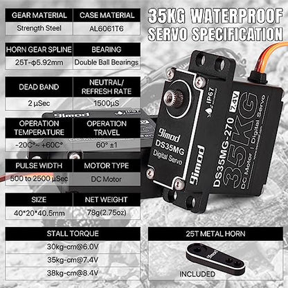 35KG Waterproof High Torque Servo 7.4V Coreless RC Steering Servo Motors Metal Gear Digital Servo for 1/8 1/10 1/12 RC Car, R/C Model DIY Car Robot High Speed Servo with 25T Servo Horn, 270 Degree