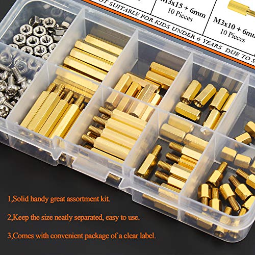 HELIFOUNER 160 Pieces M3 Male Female Hex Brass Spacer Standoff Screw Nut Assortment Kit - size: M3 Brass Standoff Kit