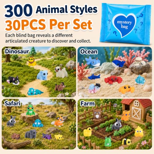 30PCS 3D Printed Animals Blind Bags, Mystery Pack Mini Animal Toys from 300 Styles, Flexible Articulated Fidget Desk Toys for Kids Party Favors Classroom Prizes Goodie Bags Birthday Gifts - color: Yellow