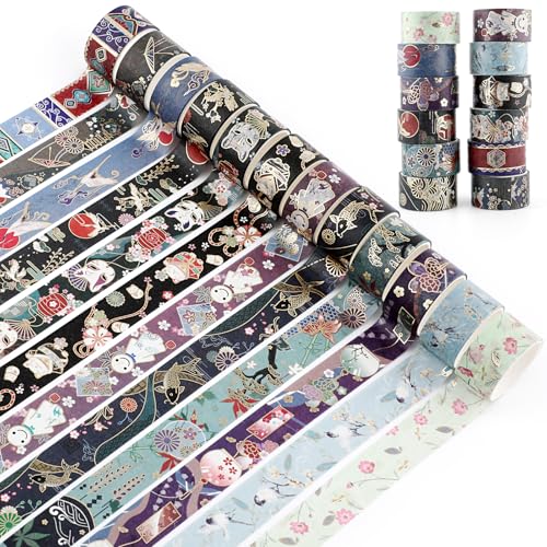 12 Rolls Vintage Gold Washi Tape Set, Gold Foil Cat Mask Pattern Decorative Tape,Japanese Arts Decorative Masking Tapes for DIY Scrapbook Design Journaling Handbook Making Card Wrap Craft Gift ﻿ - style: Golden Cat