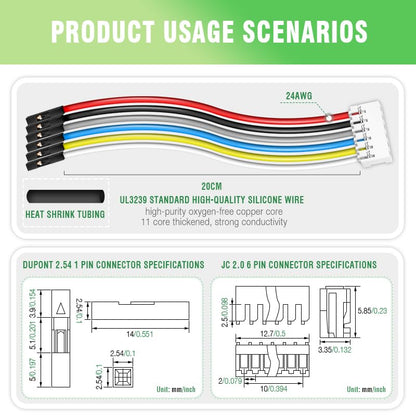 Silicone Flexible Jumper Wires Breadboard 24AWG 20cm 5 Sets/40 Pcs for 6 Dupont 2.54mm 1-Pin to JC 2.0mm 6-Pin Plug Connector Between Motor、DIY Module and Expansion/Development Boards Cable